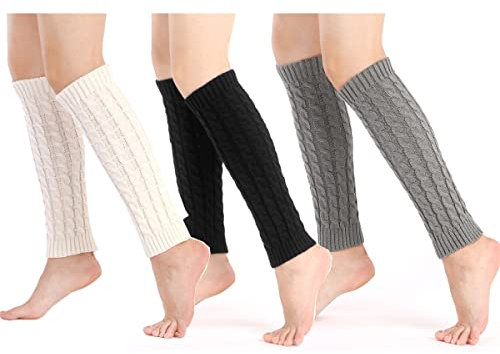 Lassuzie 3 Paia Scaldamuscoli Donna Ragazze Calzettoni Ginocchio Calze Invernali Stivali, Scaldamuscoli a Maglia Calzini Crochet Legwarmer（Nero Bianco Grigio）