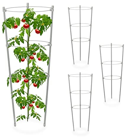 Relaxdays Set da 4 Sostegni Circolari per Pomodori, Piante Rampicanti, Cetrioli, Alti 45 cm, 3 Anelli, Ferro, Grigio