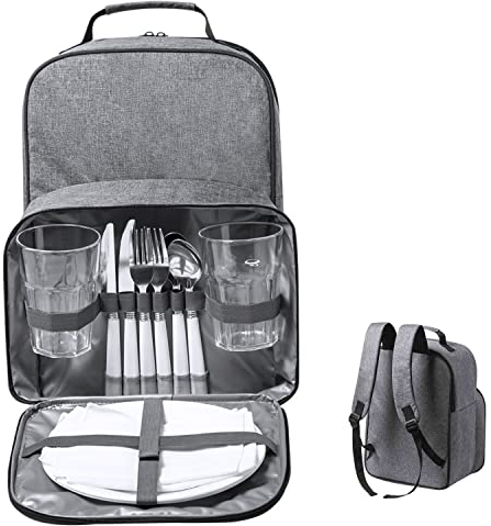 Isolierter Picknick-Rucksack aus Recycling PET für 2 Personen Tasche mit Kühlfach, Edelstahl-Besteck-Set, Servietten, Teller und Gläsern für Paare, Verliebte und Freunde (Grau)