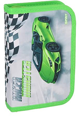 itenga Schüler-Etui 28 teilig gefüllt 1-Zipper Federmäppchen für Jungen und Mädchen (Rennauto)