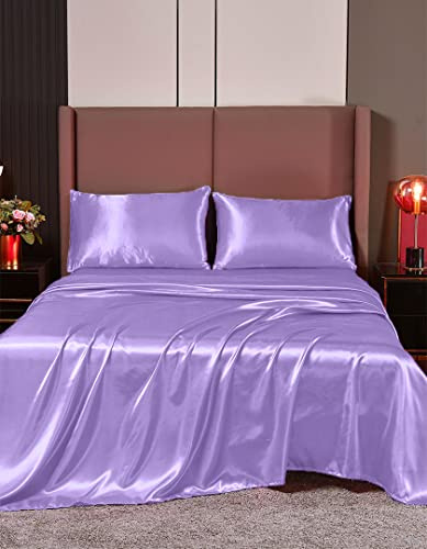 Cloud Fino Parure de lit 4 pièces, 100 % satin de soie de qualité supérieure, ultra douce et durable, 1 drap-housse, 1 drap plat et 2 taies d'oreiller (lilas, très grand lit californien)