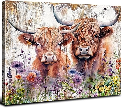 Rustikale Kuhbilder, Wanddekoration, Badezimmer, Bauernhaus, Hochlandkuh, Wandkunst, Wohnzimmer, Vintage, Wildblumen, Rinder, Poster, Schlafzimmer, Bauernhof, Tiere, Leinwanddrucke, modernes Kunstwerk