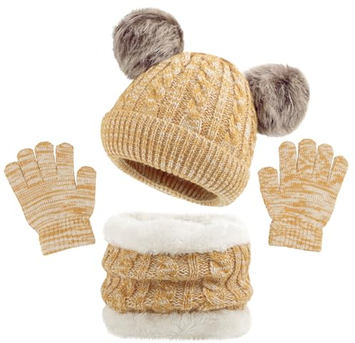 MASOCIO Kinder Schal Mütze Handschuhe Mädchen Junge Wintermütze Winter Herbst Warme Babymütze 3 4 5 Kindermützen mit Bommel Baby Kleinkind Strickmütze Fleece Beanie Hat 2-6 Jahr Gelb