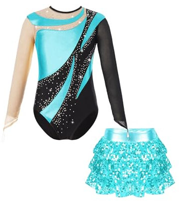Hedmy Mädchen Ballettkleidung Langarm Balletttrikot Turnanzug Pailletten Tanzbody + Wickelrock Tütü Rock 2tlg Ballettanzug Türkis 122-128