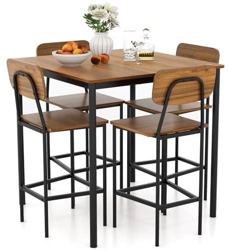 COSTWAY 5 Piece Kitchen Dining Set, Counter Height Dining Table and Chair Set with Ergonomic Backrest, Footrest & Foot Pads, Metal Structure Kitchen Table Set for Dining Room Restaurant (Brown)