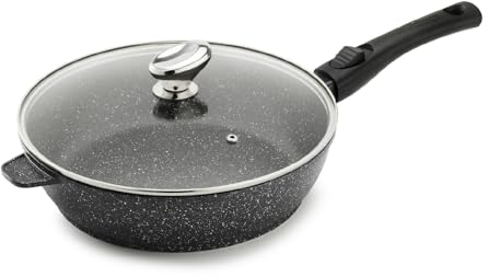 Pradel Excellencee - PCUI001008 - Sauteuse Ø28 cm avec Couvercle Verre - Fonte d’Aluminium - Revêtement Antiadhésif façon pierre - Manche Amovible - Tous Feux Induction, Noir