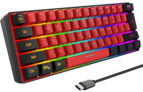 Snpurdiri Clavier Gaming 60% QWERTY Noir et Rouge Filaire RGB Rétro-éclairé, Clavier Gamer Mini Ultra-Compact à 61 Touches pour Gaming, PC/Mac, Dactylographe, Voyage