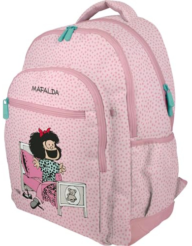 Grafoplás | Mafalda Morning Skolryggsäck | Tre fack | 33 x 46 x 22,5 cm | Vadderat område för bärbar dator | Anpassningsbar till vagn | Perfekt för Cole, Rosa, 33x46x22,5cm, skola