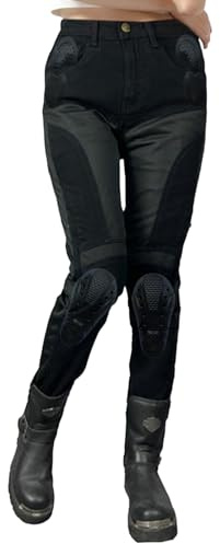 QIYUANT Pantalon Moto Été Femme Jean Stretch Anti-déchirure Respirant Vintage Casual Racing Vélo Pantalon de Protection avec Amovible Améliorée Protéger Pads (Noir, L)
