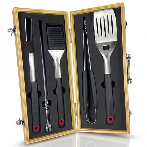 Set de herramientas para barbacoa para hombres Regalo – Juego de utensilios para barbacoa de acero inoxidable - Espatula y cepillo de limpieza 3 en 1 – Juego de barbacoa ideal para regalo para hombres