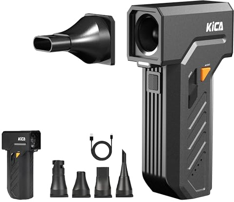 Kica JetFan Ultra Compressed Air Duster-110000RPM Super Power Cordless Dust Blower,48m/s Airflow,Rechargeable Air Blower with Dual LED Lights,Free Speed Adjustment,4 Nozzles for PC,Car Wash,Keyboard