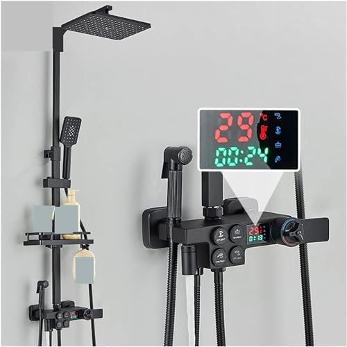 WACEH Shower Shower Faucet kit, Shower System Black Digital Display Thermostatic Shower Faucet 4-Way Shower Mixer Button Control Smart Shower Faucet for Bat