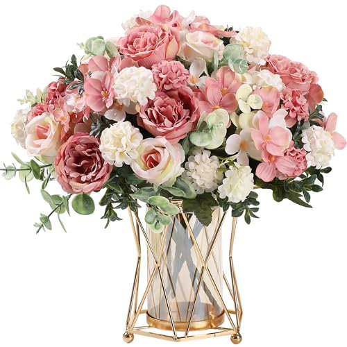 HNVNER 2 Bunches Artificial Roses Peonies Pink Artificial Flowers, Fake Peonies Faux Hydrangea Silk Flower Bouquet for Home Wedding Party Decoration Arrangement