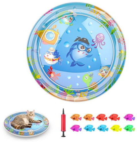 Tyasoleil Cat Water Upstream Lotus, Jouet interactif de Chat pour Chats intérieurs, Tapis d'eau de Chat mis à Niveau, Tapis de Jeu sensoriel Anti-Rayures d'eau épaissi de 1 mm avec Poisson (A)