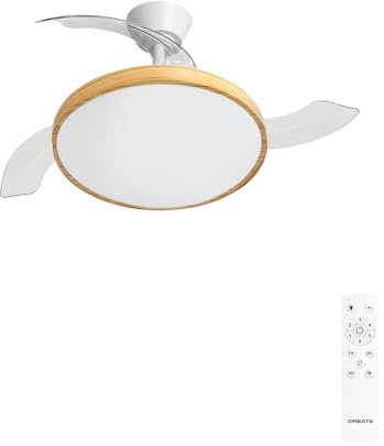 CREATE / WIND CLEAR STUDIO M/Ventilador de techo con luz blanco y madera clara con mando / 40W, Temporizador, Ø 108 cm, aspas retráctiles, 3 temperaturas de luz, función verano-invierno