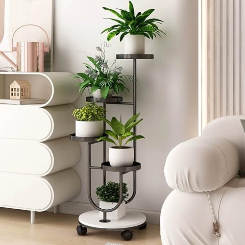 Soporte de metal para plantas de interior, soporte para macetas al aire libre, balcón, muebles de jardín, exhibición versátil para varias plantas (negro)