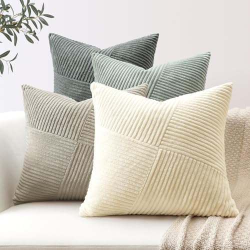 Sungeek 4er Set Cord Kissenbezüge, Windmühle Streifen Kordsamt Kissenbezug Sofakissen Dekokissen Patchwork Design Deko Zierkissenbezüge Kissenhülle für Wohnzimmer (40x40cm, Neutral Grau)