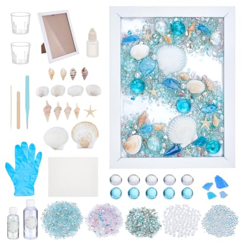 WEBEEDY DIY Sea Glass Art Kit DIY Resin Sea Glasses Shell Photo Frame Resin Shell Arts Crafts Kit with Instruction for Adults Beginners Mosaic Glass Kits for Home Decor Beach Lovers Project(15x20 cm)