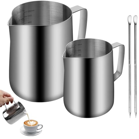 PRITOK Milk Frothing Pitcher Set: 2 Pieces Stainless Steel Milk Jug with Measurement Mark and Latte Art Pen, Handheld Coffee Creamer for Barista Cappuccino Espresso Making (350ml+600ml)