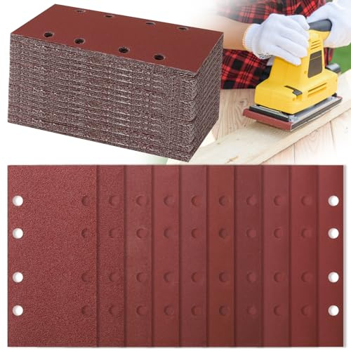 Juego de papel de lija de 93 x 185 mm, 50 piezas, grano 60/80/320/400/600/1000, 8 agujeros, juego de papel de lija rectangular con para lijadora orbital Bosch, metal, madera, materiales para lijadora