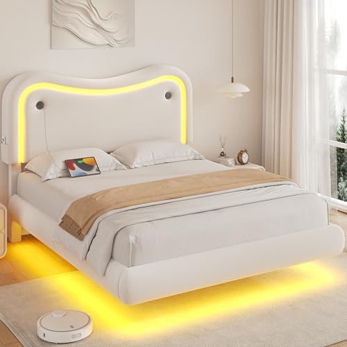 MapleGrace Queen Size Floating Bed Frame with Velvet Upholstered Headboard, Visual Floating LED Bed Frame with Charing Station, No Box Spring Needed, Easy Assembly, White