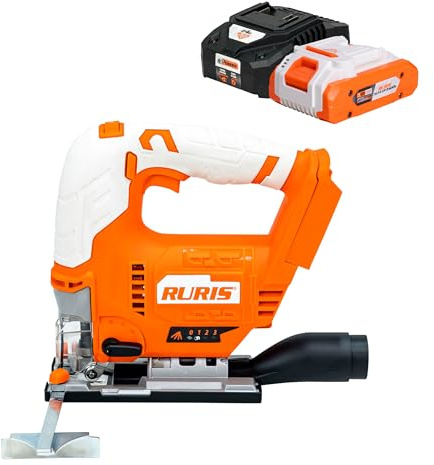 RURIS Scie sauteuse sans fil RMX3260 - Course 26mm, Angle ajustable, 3800 tr/min, 5 vitesses + automatique, éclairage LED, 4 lames incluses - Batterie 20V 4Ah + Chargeur Inclus