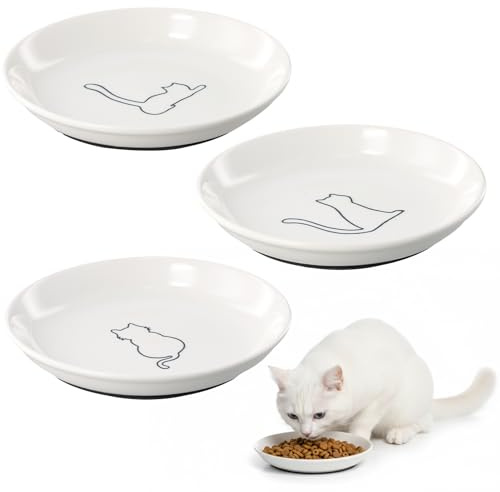 Wisebom 3 Pcs Ceramic Cat Bowls with Non-Slip Silicone Bottom, Wide Shallow Cat Food Dishes Cat Wet Food Bowls Anti Whisker Fatigue cat Feeding Bowls for Kittens Rabbit Hamster (White B)