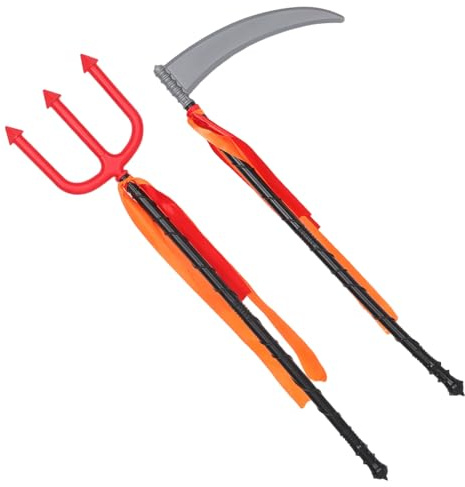 Yardwe 2 pièces Accessoire Halloween Cosplay Trident Démon Rouge et Faux Faucheuse Gris Plastique Fourche et Faux Réalistes et Légers pour Fête Déguisement et Décorations