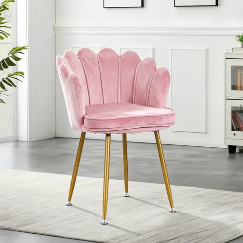 TWSOUL Schminktisch Stuhl aus Samt, Blütenblatt-Rückenlehne Lehnstuhl, Esszimmerstühle mit Metallbeinen Gold, Polstersessel für Schlafzimmer Esszimmer Studie (Rosa)