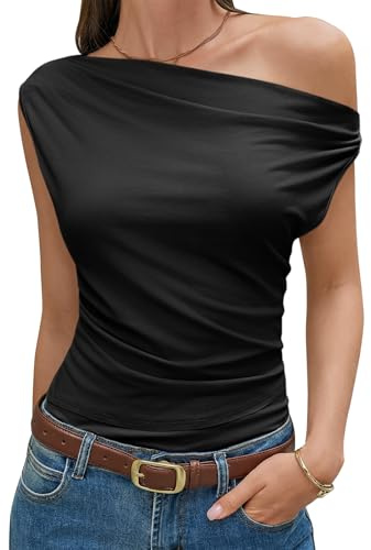 Cicy Bell Womens Off One Shoulder Tops Cowl Neck Ruched Tank Tops 2026 Summer Asymmetrical Going Out Sleeveless Shirts Black