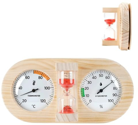 Thermohygromètre de sauna en bois de pin avec température de 20 à 120 °C et jauge d'humidité de 0 à 100 %, ± 2 °C ± 5 % précis avec minuteur sablier de 15 minutes pour se détendre à la maison sauna