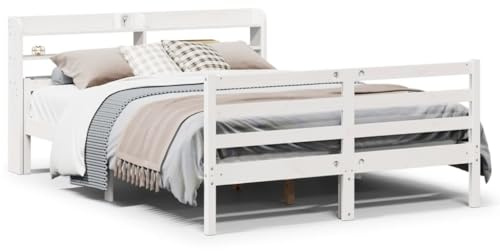 Mhdvray Bettgestell mit Kopfteil Weiß 135x190 cm Kiefernholz Stauraumbett Jugendzimmer Familienbett für Schlafzimmer Gästezimmer
