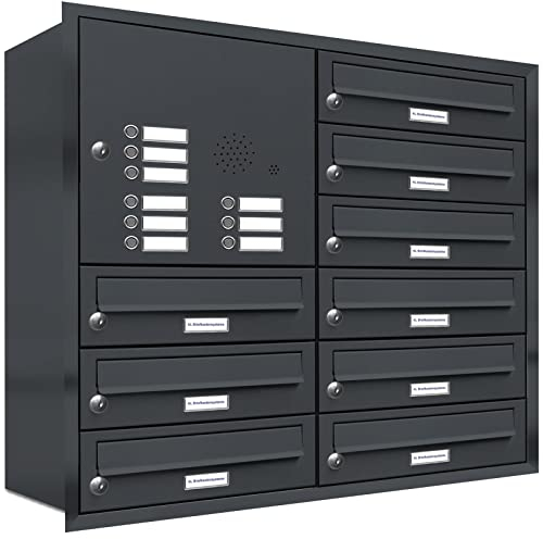 AL Briefkastensysteme, 9er Unterputzbriefkasten mit Klingel in Anthrazit Grau RAL 7016, 9 Fach wetterfeste Briefkastenanlage Design modern