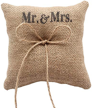 Lasenersm Hessian Burlap Jute Bow Twine Bridal Ring Pillow 15 x 15cm Mr & Mrs Vintage Burlap Ring Bearer Pillow Cushion for Wedding or Jewelry Shop Display