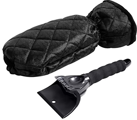 Car Ice Scraper with Waterproof Glove Lined with Ice Scraper Thick Fleece with Non-Slip Handle for Car Windshield and Window (Black)