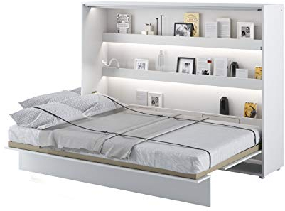 Schrankbett Bed Concept, Wandklappbett mit Lattenrost, V-Bett, Wandbett Bettschrank Schrank mit integriertem Klappbett Funktionsbett (BC-04, 140 x 200 cm, Weiß/Weiß Hochglanz, Horizontal)