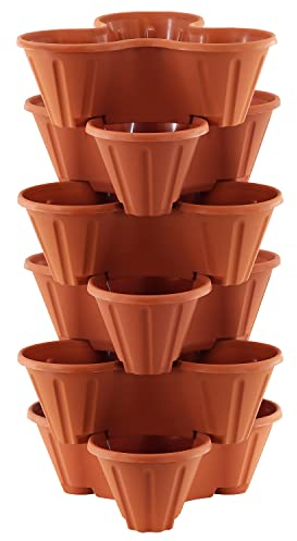GEEZY Set of 6 Stackable Strawberry Planter – Terracotta Brown, Tiered Planters for Outdoor Vertical Gardening, Space-Saving Durable Pots for Gardens, Patios, Balconies – Ideal for Herbs & Plants