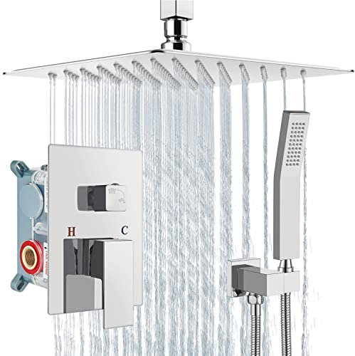 Aolemi Deckenhalterung Duschsystem Regenduschkopf mit Handbrause Hochdruckdusche Wasserhahn Set Grobe Ventil Duschverkleidung Kit enthalten Badezimmer Politur Chrom 25,4 cm Deckenbrause