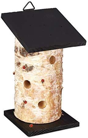 Relaxdays Marienkäferhaus, zum Aufhängen, 5 Kammern á 1,3 cm Ø, 20,5 x 12 x 12 cm, Insektenhotel Garten, Natur/schwarz