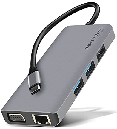 Akashi Technology - Hub USB C HDMI, VGA, RJ45, 3 Ports USB, Power Delivery, Lecteur de Cartes SD/Micro SD Adaptateur 9 en 1, Compatible avec Macbook Pro 13, iPad Air, Ordinateur Portable
