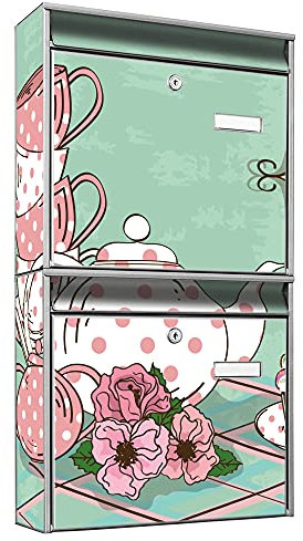banjado Briefkastenanlage 2 Fach - 2 Briefkästen 36x64x10cm groß - Doppelbriefkasten Set - Namensschild, 2 Schlüssel, Montagematerial - Stahl verzinkt Silber - Motiv Tea Time
