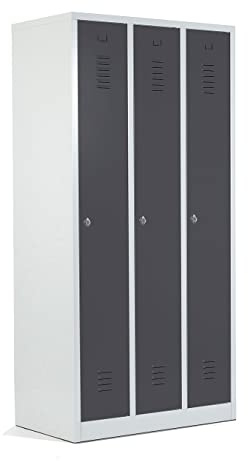 Schrank & Stuhl Spind – Metallspind mit 3 Abteilen in 180 x 90 x 50 cm, Schließfachschrank mit Hutboden & Drehriegelverschlüssen, Lieferung komplett montiert, Grau/Anthrazit