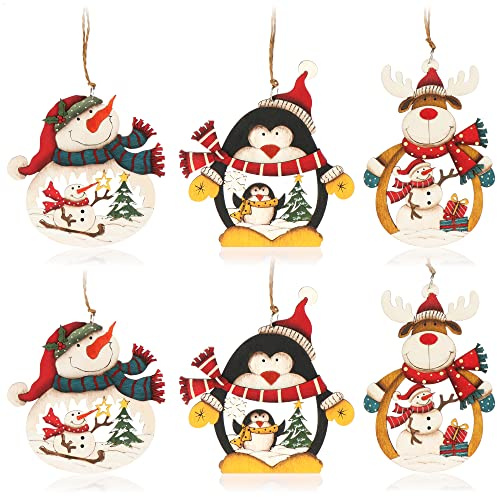 com-four® 6X Holzanhänger für den Weihnachtsbaum, Weihnachtsanhänger | Christbaumschmuck aus Holz - Holzverzierung Weihnachtsdeko mit bunten Motiven - Dekoration für den Weihnachtsbaum
