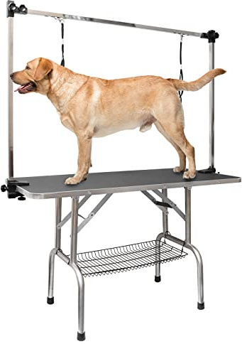 ROOMTEC 46 Dog Grooming Table,Foldable Home Pet Bathing Station with Adjustable Height Arm/Noose/Mesh Tray