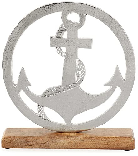 Com-four® Ancre Debout Premium - Décorative en Métal sur Socle en Bois de Manguier - Maritime à Poser (Marron/Argent)