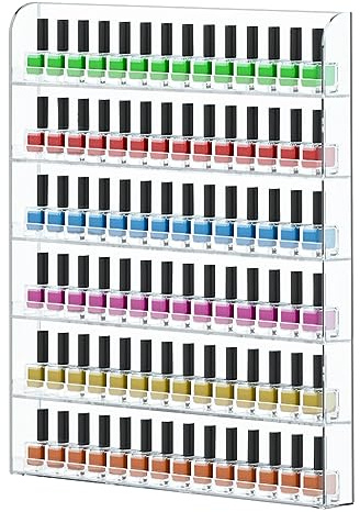 FEMELI 20 * 24 Inch Nail Polish Wall Racks 1 Pack, Hold Up to 120 Bottles,Clear Acrylic Nail Polish Shelf Organizer Wall Mounted 6 Rows (1)