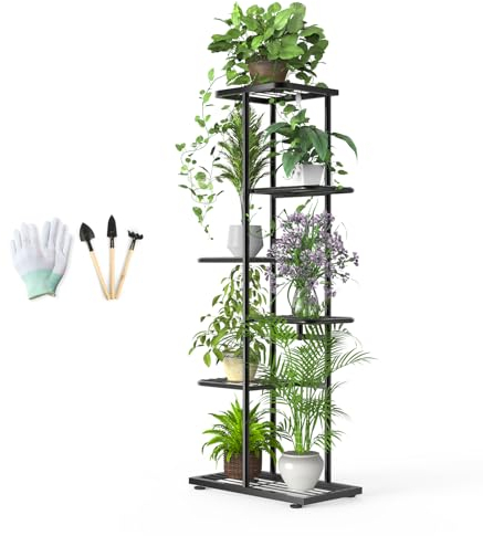 Support pour Plantes à 6 Niveaux avec Outils de Jardinage et Gants, 108cm Porte Plante Interieur en Métal pour Plusieurs Plantes, Étagère Plante Étagère à Fleurs pour Maison Balcon Jardin, Noir
