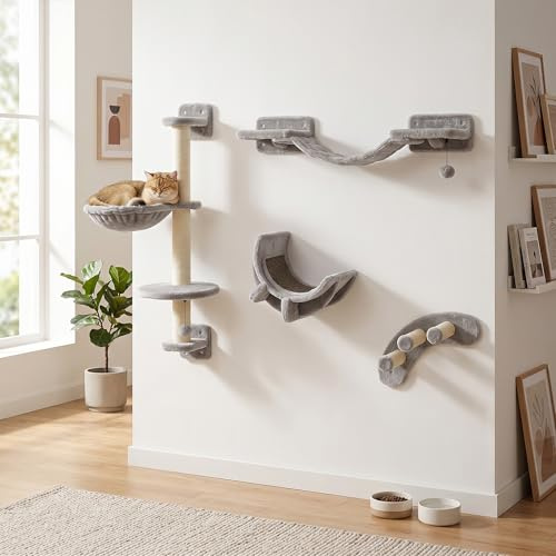 PawHut 4 Piece Cat Shelves, Cat Wall Furniture with Hammock, Grey | Scratching Posts, Soft Ladder, Steps, Jump Platforms, Hanging Ball, Indoor Kittens, Space Saving