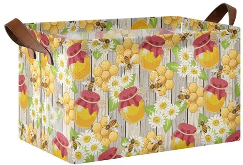 Lot de 2 paniers de rangement décoratifs en tissu avec poignées pour étagère, cuisine, salle de bain, placard, 42,9 x 29 x 25,4 cm, abeilles, pots à miel, camomille en bois