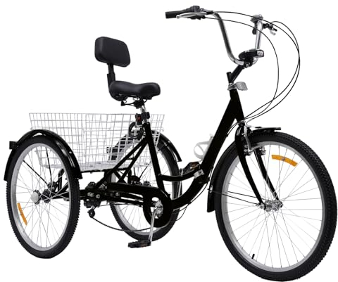 Pinuox Dreirad für Erwachsene 24 Zoll, 3 Rad Fahrrad mit Einkaufskorb und LED Licht, 7-Gang Dreirad Klappbar für Herren und Damen (Schwarz)